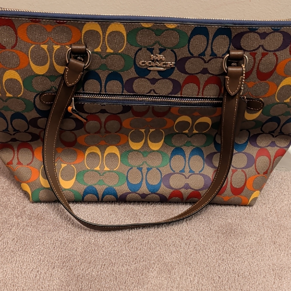 Coach Multicolor Signature Canvas Tote with Brown Leather Straps